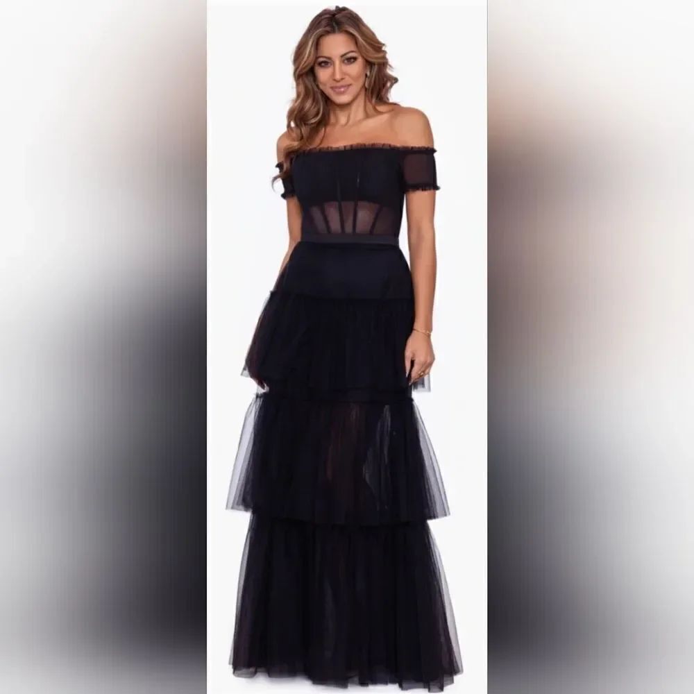 Betsy & Adam KAI" OFF THE SHOULDER TIERED MESH BALL GOWN NWT size 2 black